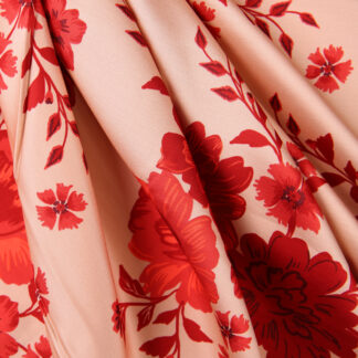 Satin viscose with scarlet flowers on caramel 4319